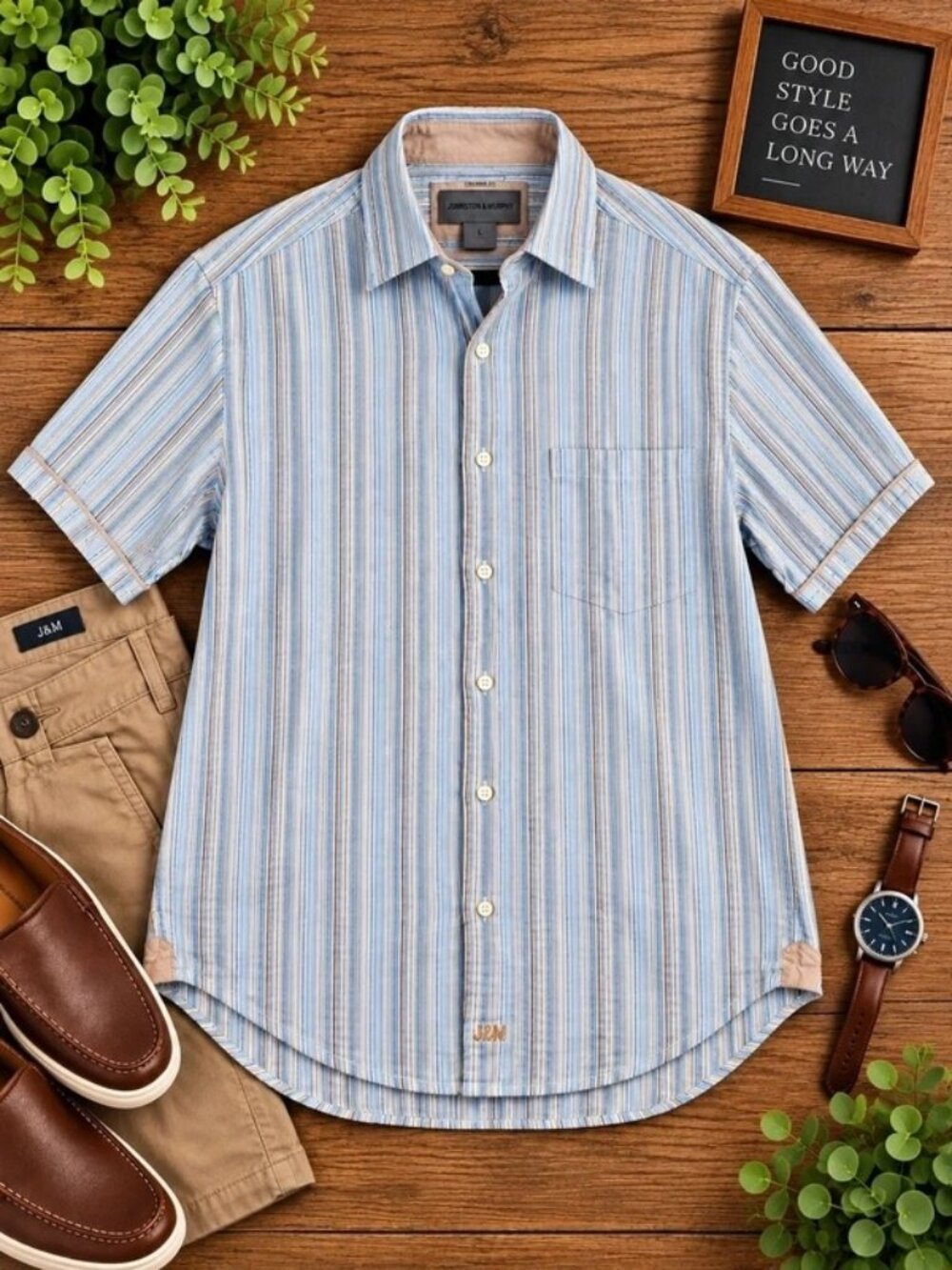 Johnston & Murphy Tailored Fit Men’s Large Striped Short Sleeve Shirt J&M